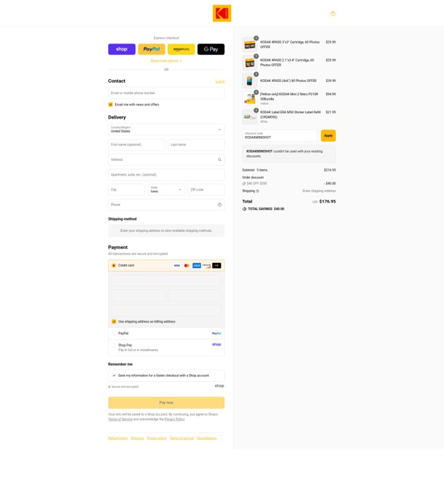 Kodak Photo Printer checkout page showing Kodak Photo Printer promo code box | Screenshot taken by SimplyCodes community member on Aug 30, 2025