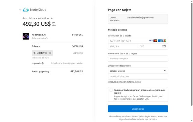 KodeKloud checkout page showing KodeKloud promo code box | Screenshot taken by SimplyCodes community member on Aug 2, 2025