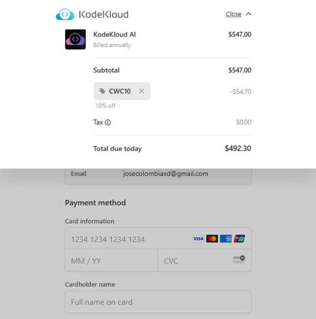 KodeKloud checkout page showing KodeKloud promo code box | Screenshot taken by SimplyCodes community member on Jul 3, 2025