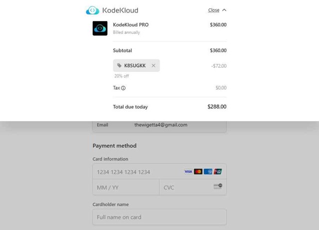 KodeKloud checkout page showing KodeKloud promo code box | Screenshot taken by SimplyCodes community member on Aug 2, 2025