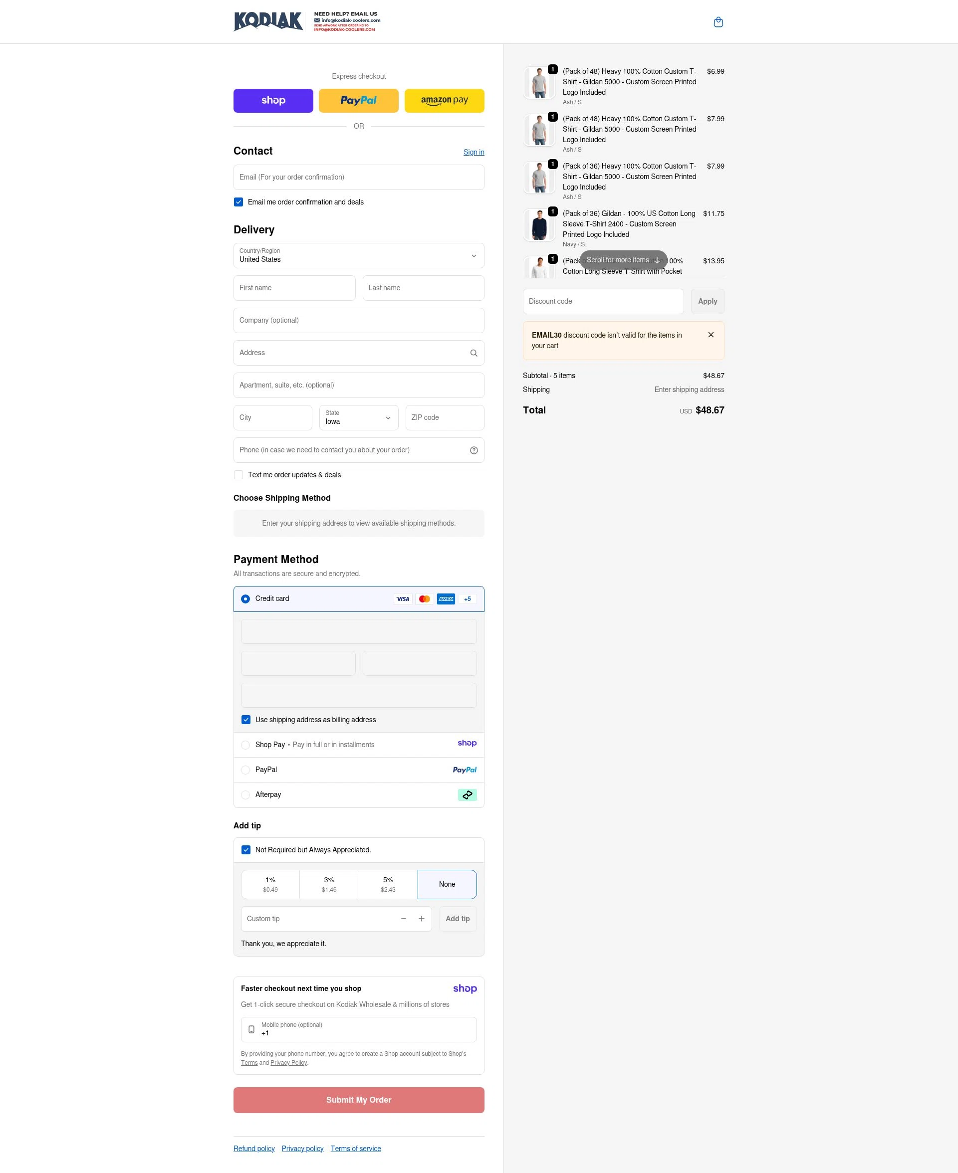 Kodiak Wholesale checkout page showing Kodiak Wholesale discount code box | Screenshot taken by SimplyCodes community member on Jan 6, 2026