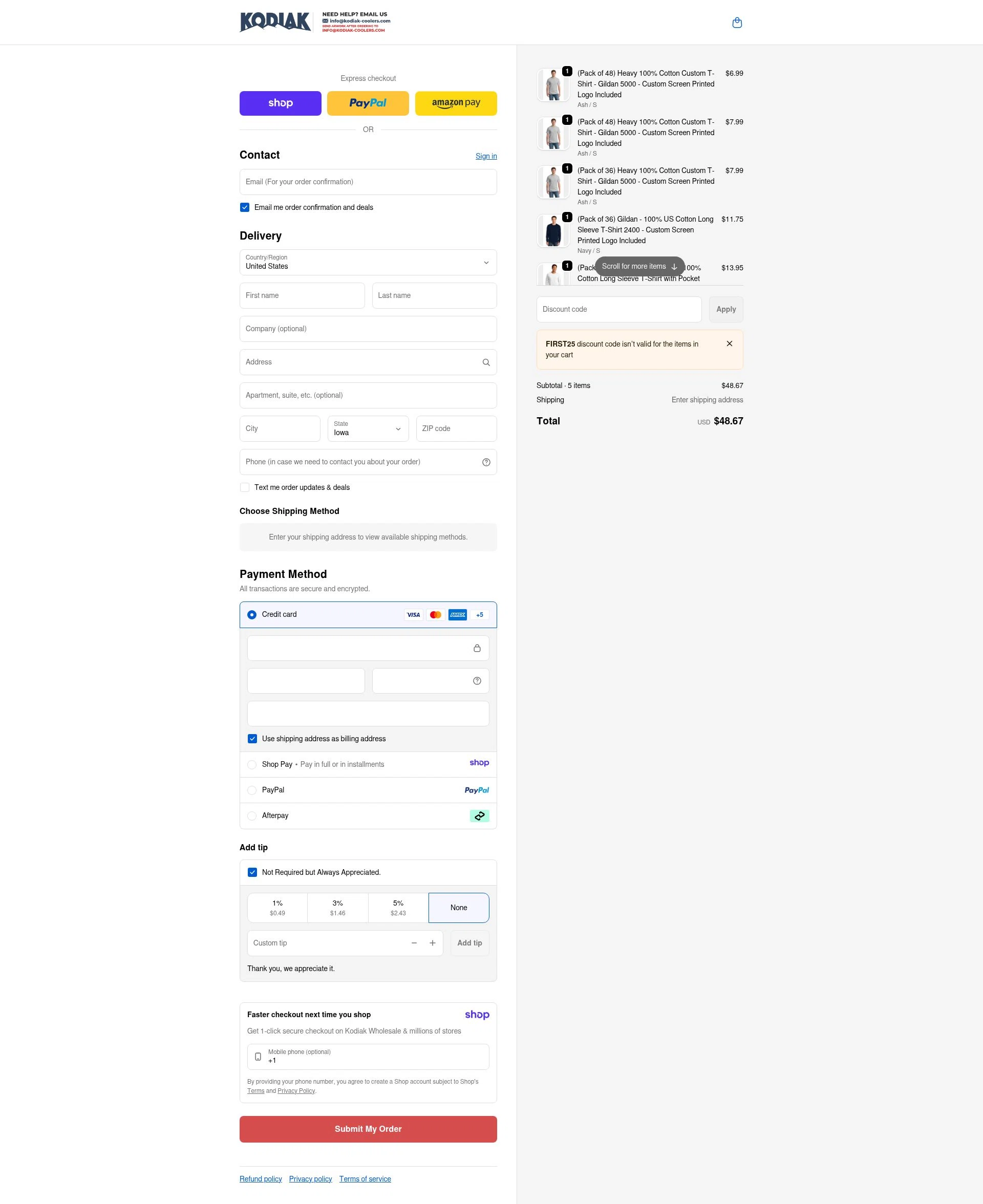Kodiak Wholesale checkout page showing Kodiak Wholesale discount code box | Screenshot taken by SimplyCodes community member on Jan 6, 2026