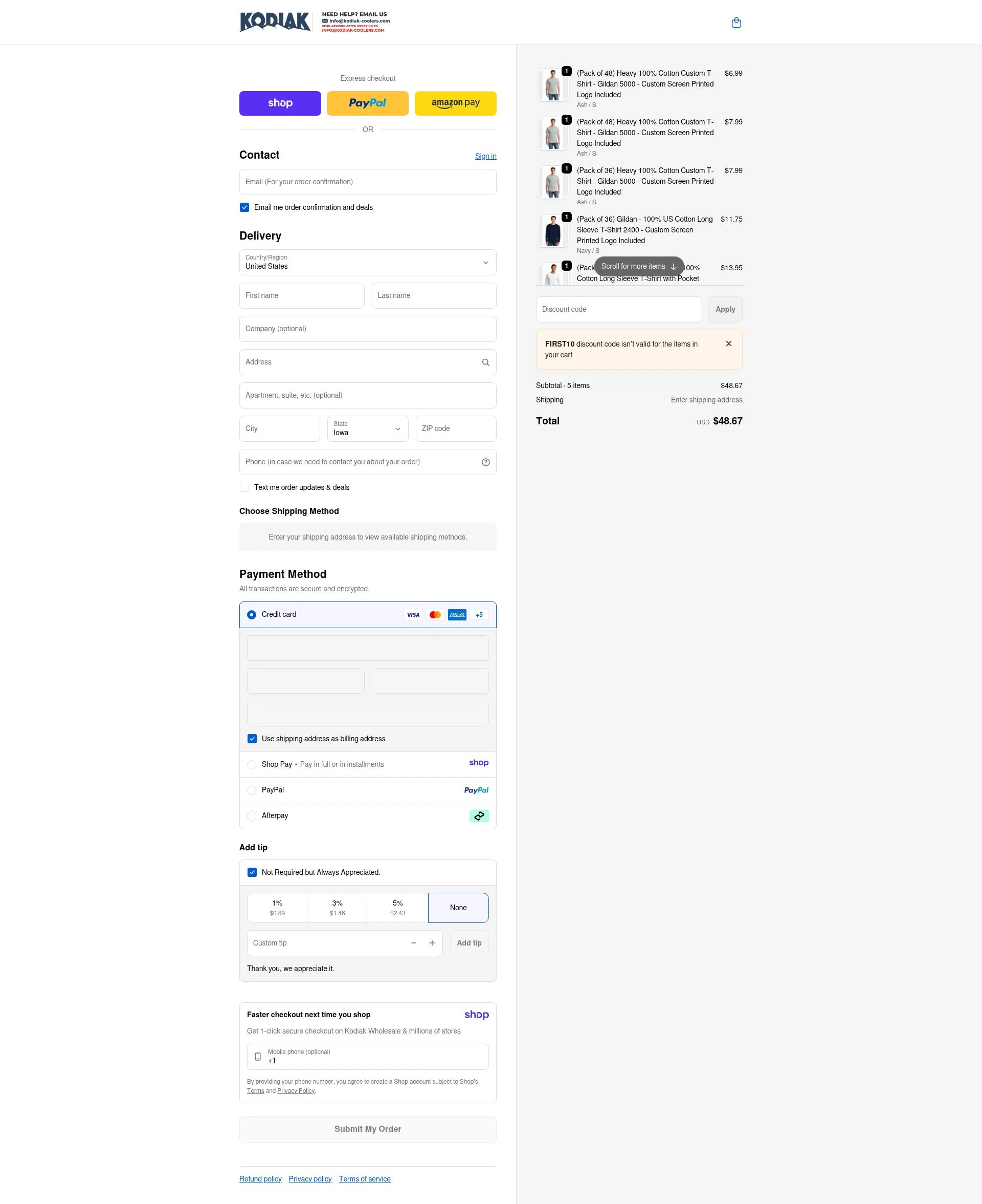 Kodiak Wholesale checkout page showing Kodiak Wholesale discount code box | Screenshot taken by SimplyCodes community member on Jan 6, 2026