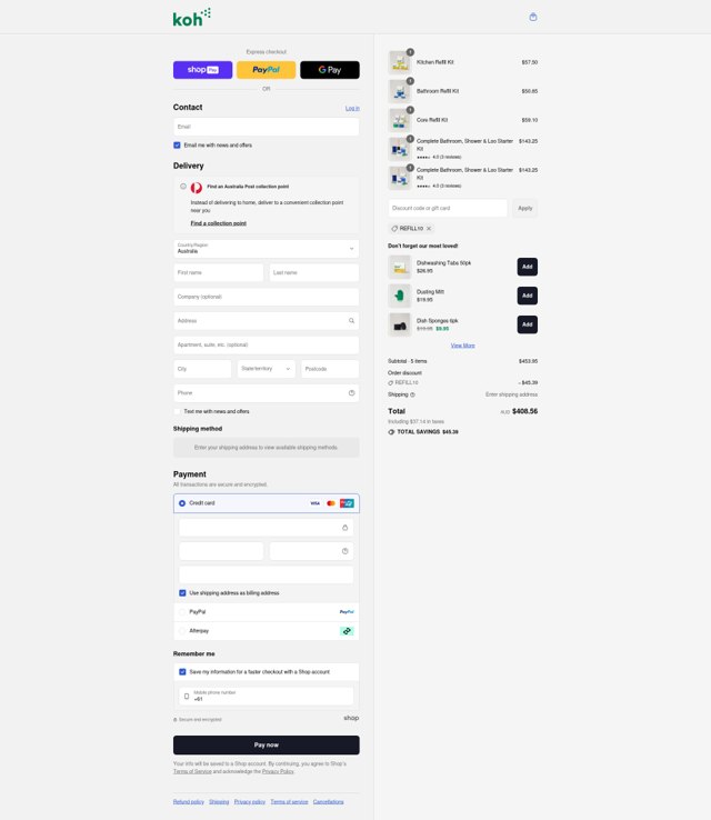 Koh checkout page showing Koh promo code box | Screenshot taken by SimplyCodes community member on Aug 26, 2025