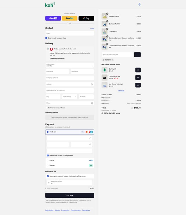 Koh checkout page showing Koh promo code box | Screenshot taken by SimplyCodes community member on Aug 20, 2025