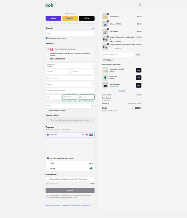 Koh checkout page showing Koh promo code box | Screenshot taken by SimplyCodes community member on Aug 30, 2025