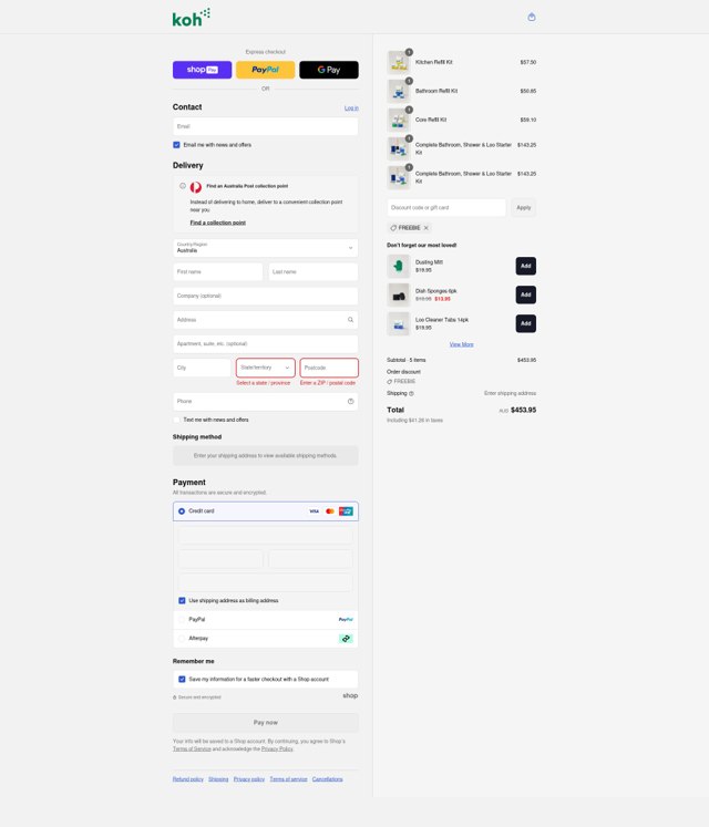 Koh checkout page showing Koh promo code box | Screenshot taken by SimplyCodes community member on Aug 17, 2025