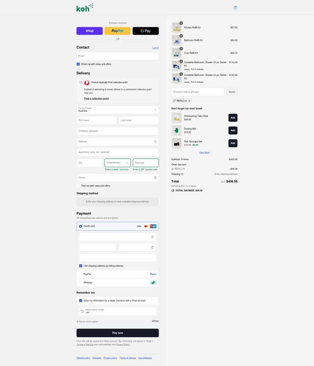 Koh checkout page showing Koh promo code box | Screenshot taken by SimplyCodes community member on Aug 29, 2025