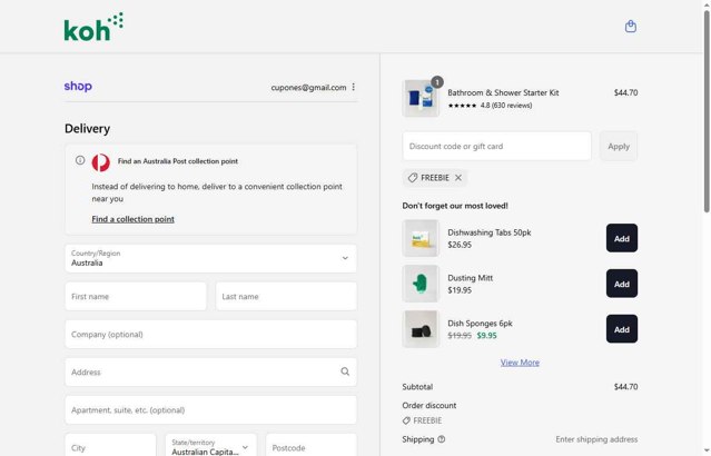 Koh checkout page showing Koh promo code box | Screenshot taken by SimplyCodes community member on Aug 30, 2025