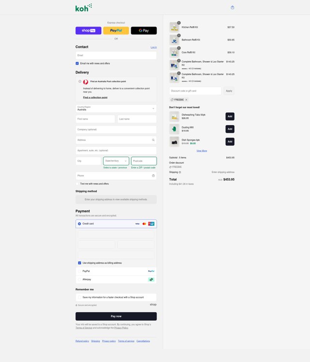 Koh checkout page showing Koh promo code box | Screenshot taken by SimplyCodes community member on Aug 25, 2025
