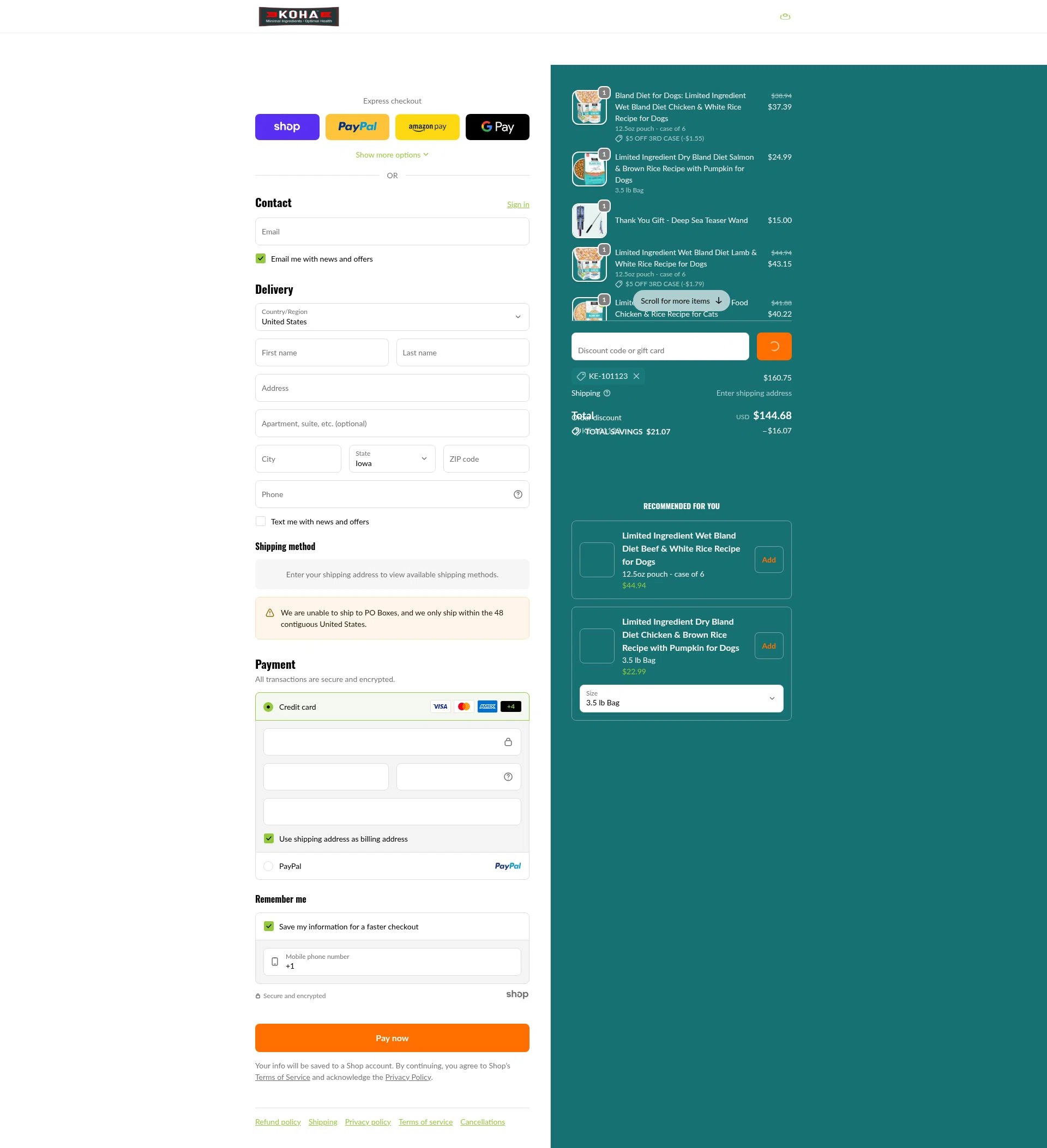 Koha Pet checkout page showing Koha Pet discount code box | Screenshot taken by SimplyCodes community member on Jan 26, 2026