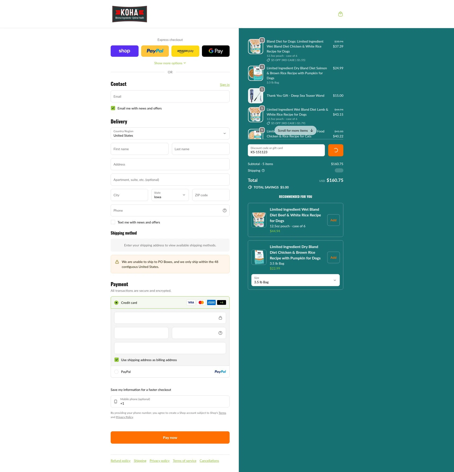 Koha Pet checkout page showing Koha Pet discount code box | Screenshot taken by SimplyCodes community member on Jan 30, 2026