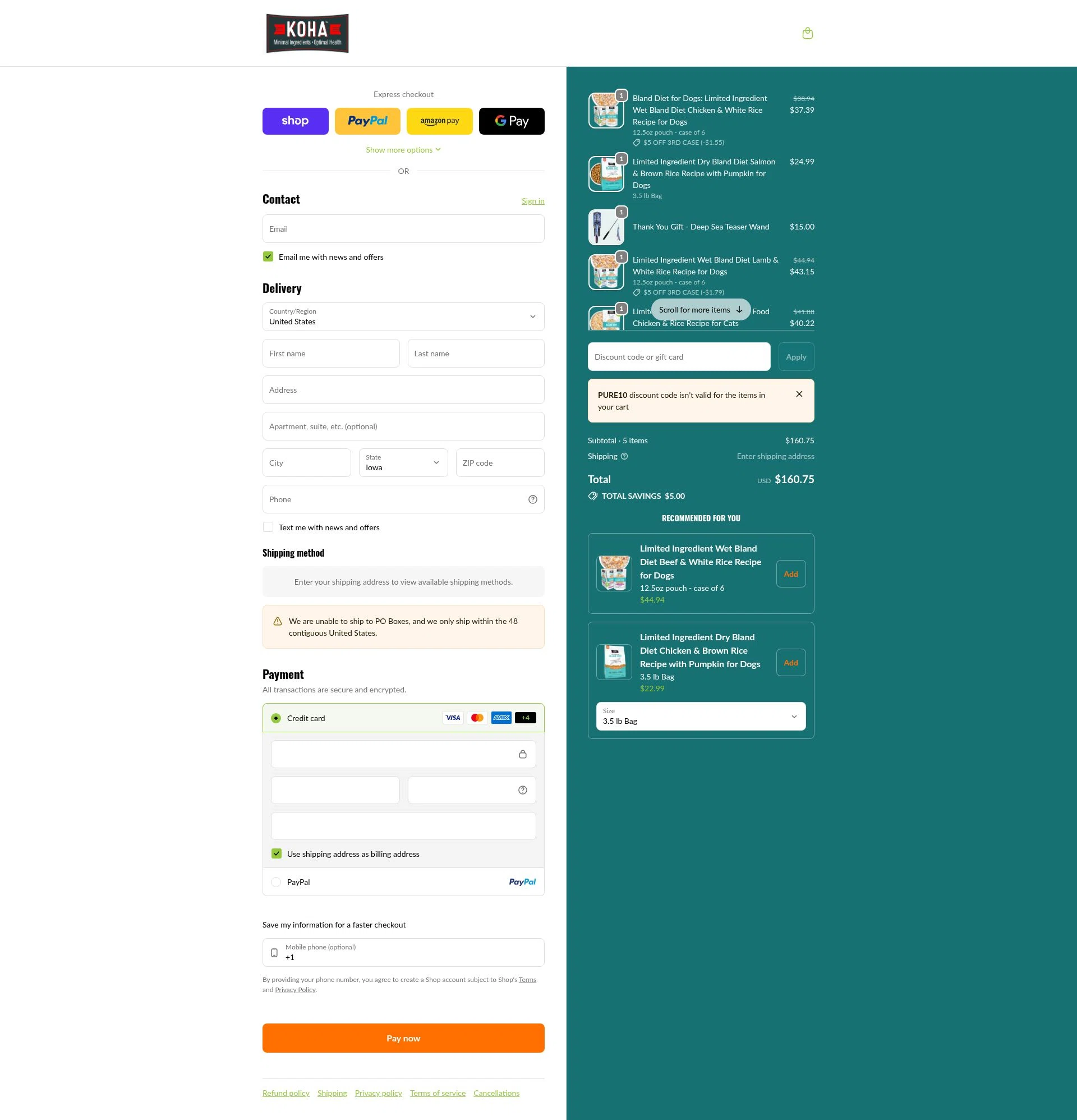 Koha Pet checkout page showing Koha Pet discount code box | Screenshot taken by SimplyCodes community member on Jan 30, 2026
