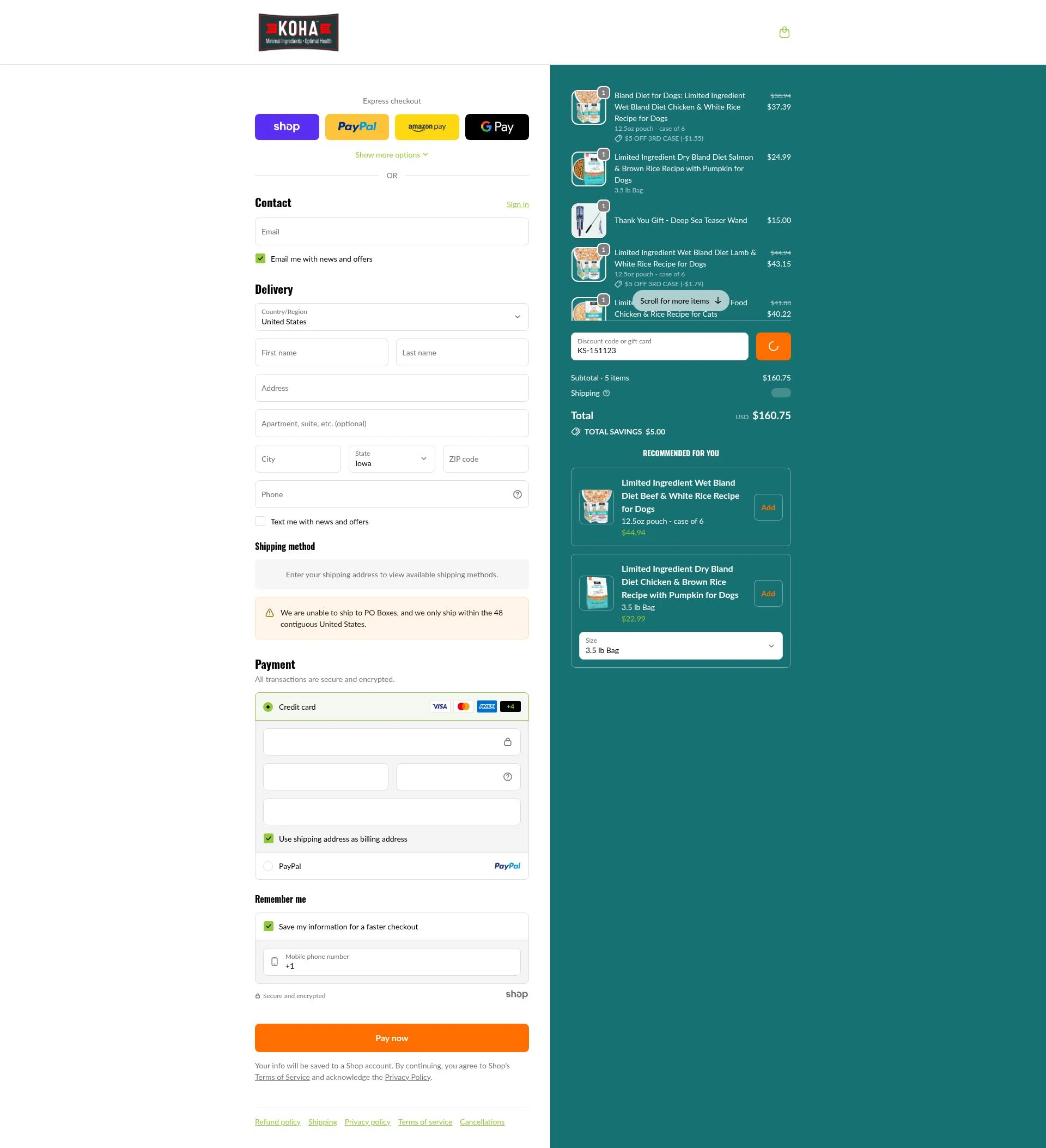 Koha Pet checkout page showing Koha Pet discount code box | Screenshot taken by SimplyCodes community member on Jan 26, 2026