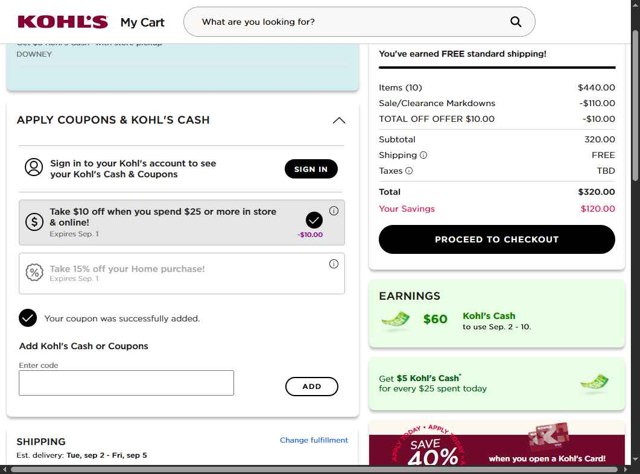 Kohl's checkout page showing Kohl's coupon code box | Screenshot taken by SimplyCodes community member on Aug 28, 2025