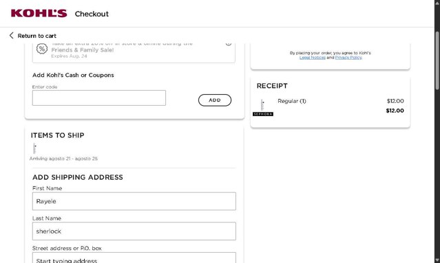 Kohl's checkout page showing Kohl's coupon code box | Screenshot taken by SimplyCodes community member on Aug 18, 2025