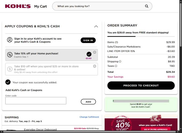 Kohl's checkout page showing Kohl's coupon code box | Screenshot taken by SimplyCodes community member on Aug 28, 2025
