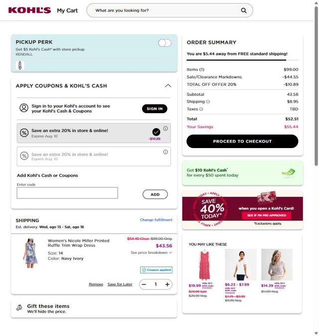 Kohl's checkout page showing Kohl's coupon code box | Screenshot taken by SimplyCodes community member on Aug 8, 2025