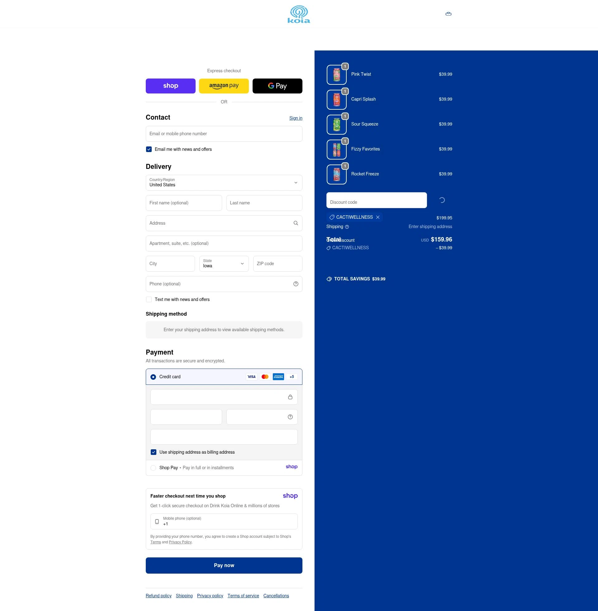 Koia checkout page showing Koia promo code box | Screenshot taken by SimplyCodes community member on Jan 9, 2026