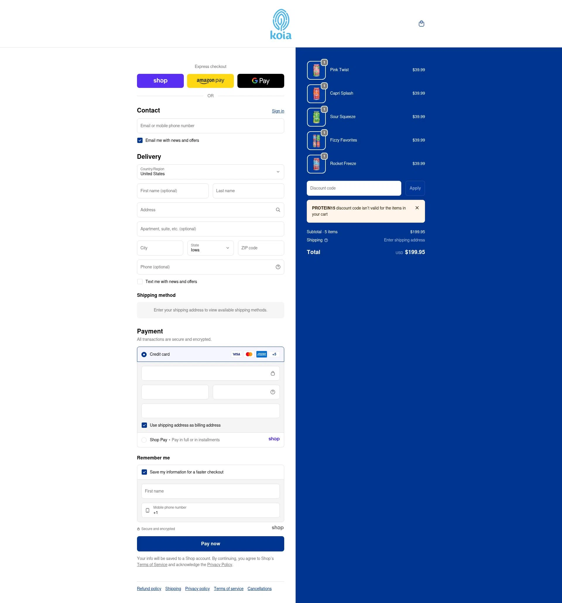 Koia checkout page showing Koia promo code box | Screenshot taken by SimplyCodes community member on Jan 9, 2026