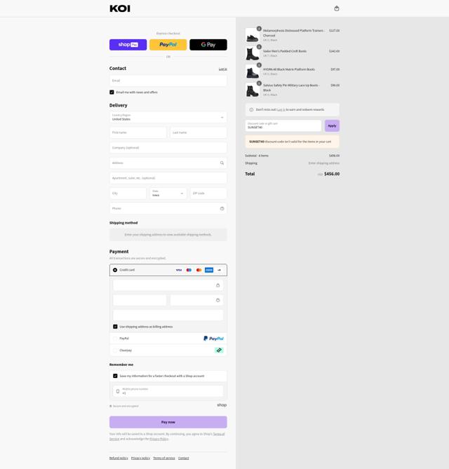 Koi Footwear checkout page showing Koi Footwear discount code box | Screenshot taken by SimplyCodes community member on Aug 12, 2025