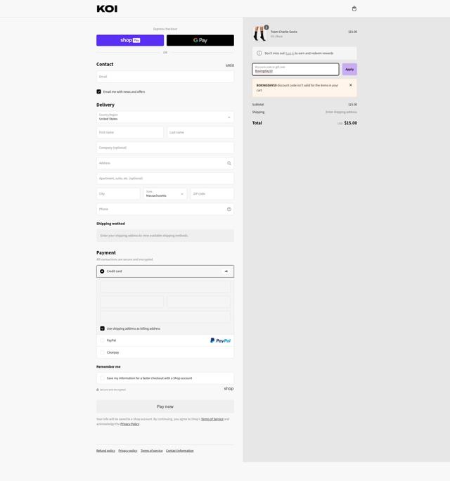 Koi Footwear checkout page showing Koi Footwear discount code box | Screenshot taken by SimplyCodes community member on Dec 31, 2024
