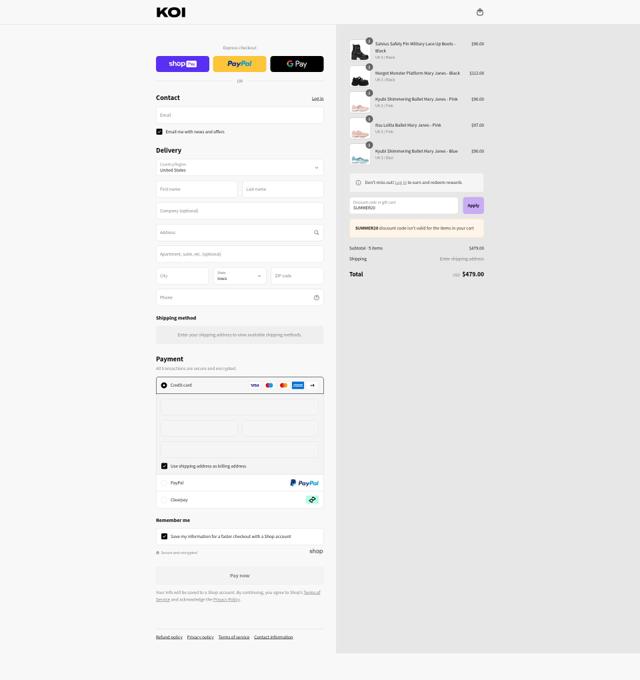 Koi Footwear checkout page showing Koi Footwear discount code box | Screenshot taken by SimplyCodes community member on Jul 13, 2025