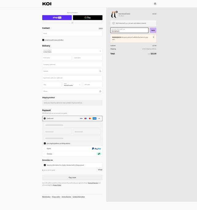 Koi Footwear checkout page showing Koi Footwear discount code box | Screenshot taken by SimplyCodes community member on Jan 1, 2025