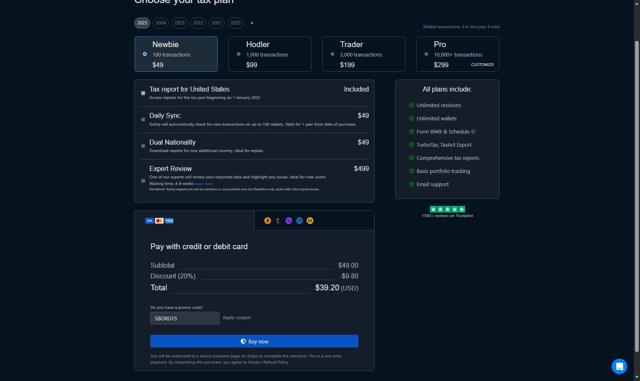 Koinly checkout page showing Koinly promo code box | Screenshot taken by SimplyCodes community member on Aug 29, 2025