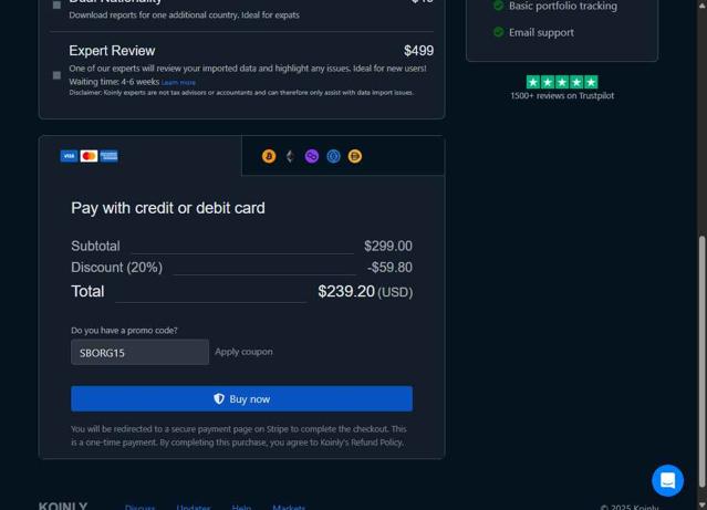 Koinly checkout page showing Koinly promo code box | Screenshot taken by SimplyCodes community member on Aug 9, 2025