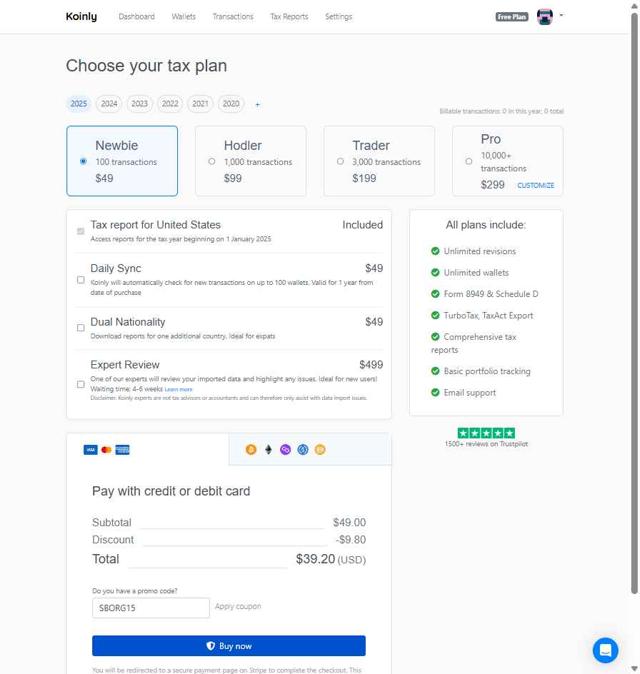 Koinly checkout page showing Koinly promo code box | Screenshot taken by SimplyCodes community member on Aug 1, 2025
