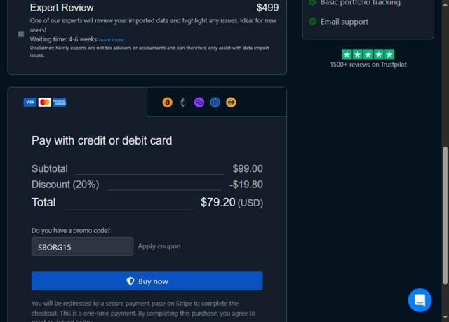 Koinly checkout page showing Koinly promo code box | Screenshot taken by SimplyCodes community member on Aug 20, 2025