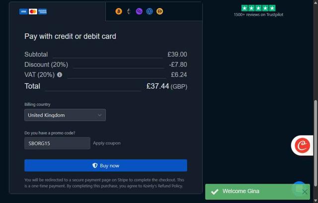Koinly checkout page showing Koinly promo code box | Screenshot taken by SimplyCodes community member on Aug 22, 2025