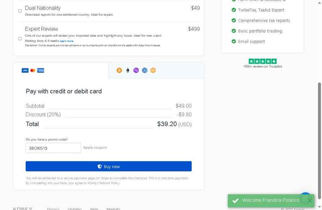 Koinly checkout page showing Koinly promo code box | Screenshot taken by SimplyCodes community member on Aug 12, 2025