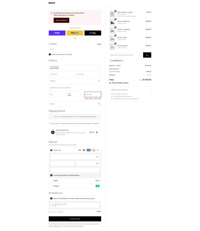 Koio checkout page showing Koio discount code box | Screenshot taken by SimplyCodes community member on Sep 3, 2025