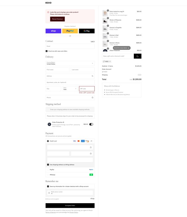 Koio checkout page showing Koio discount code box | Screenshot taken by SimplyCodes community member on Sep 3, 2025