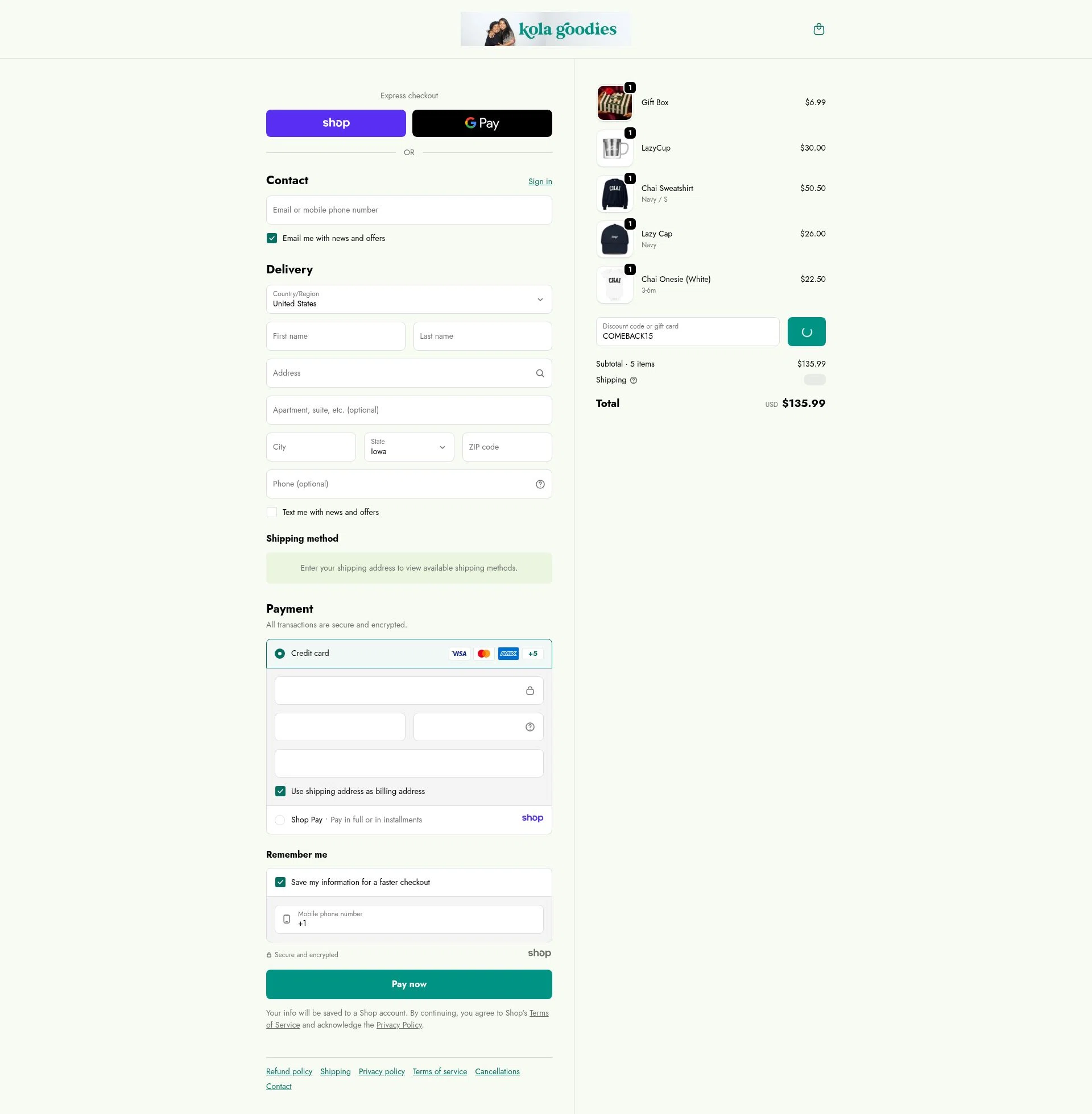 Kola Goodies checkout page showing Kola Goodies promo code box | Screenshot taken by SimplyCodes community member on Dec 31, 2025