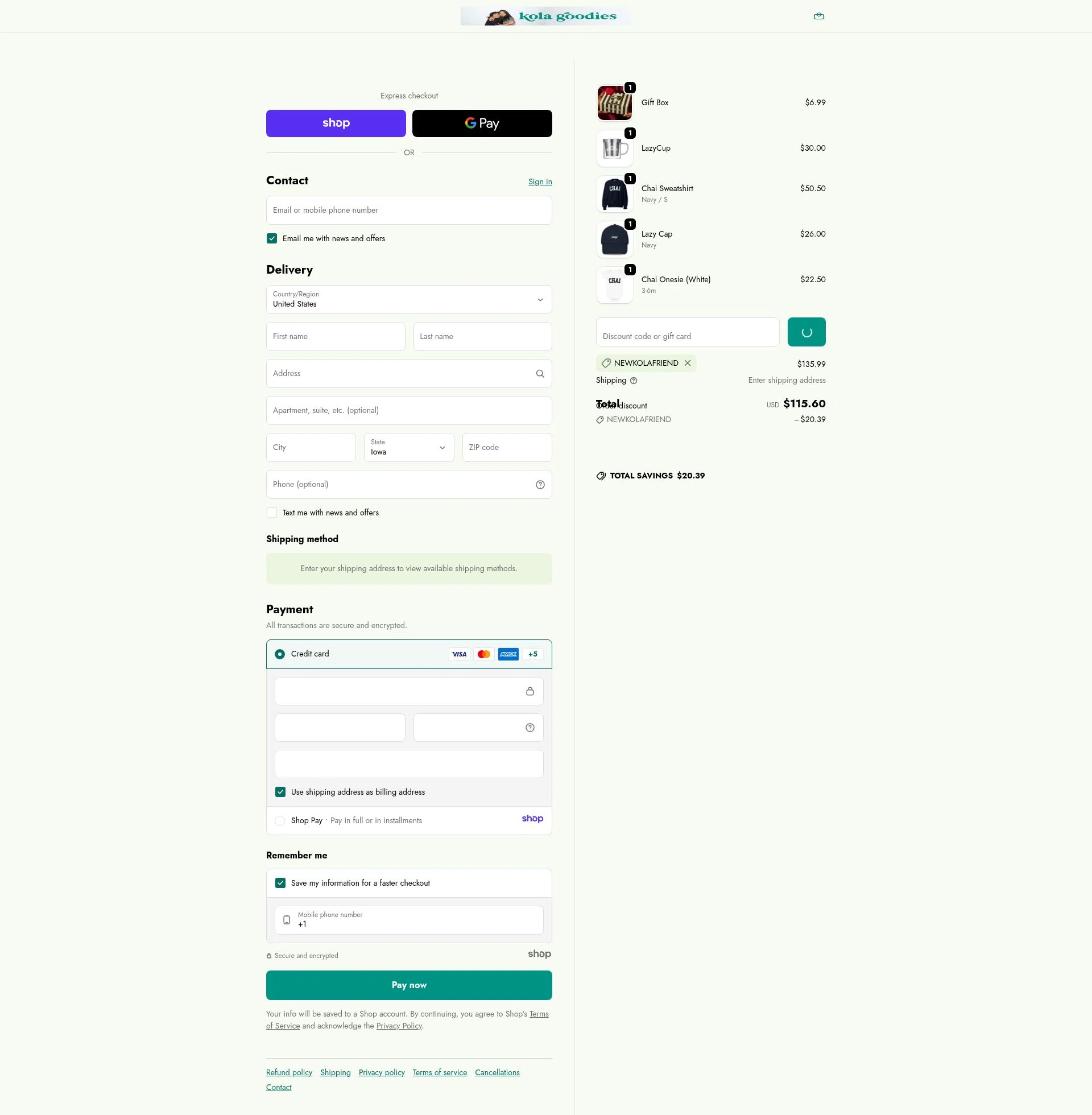 Kola Goodies checkout page showing Kola Goodies promo code box | Screenshot taken by SimplyCodes community member on Jan 5, 2026