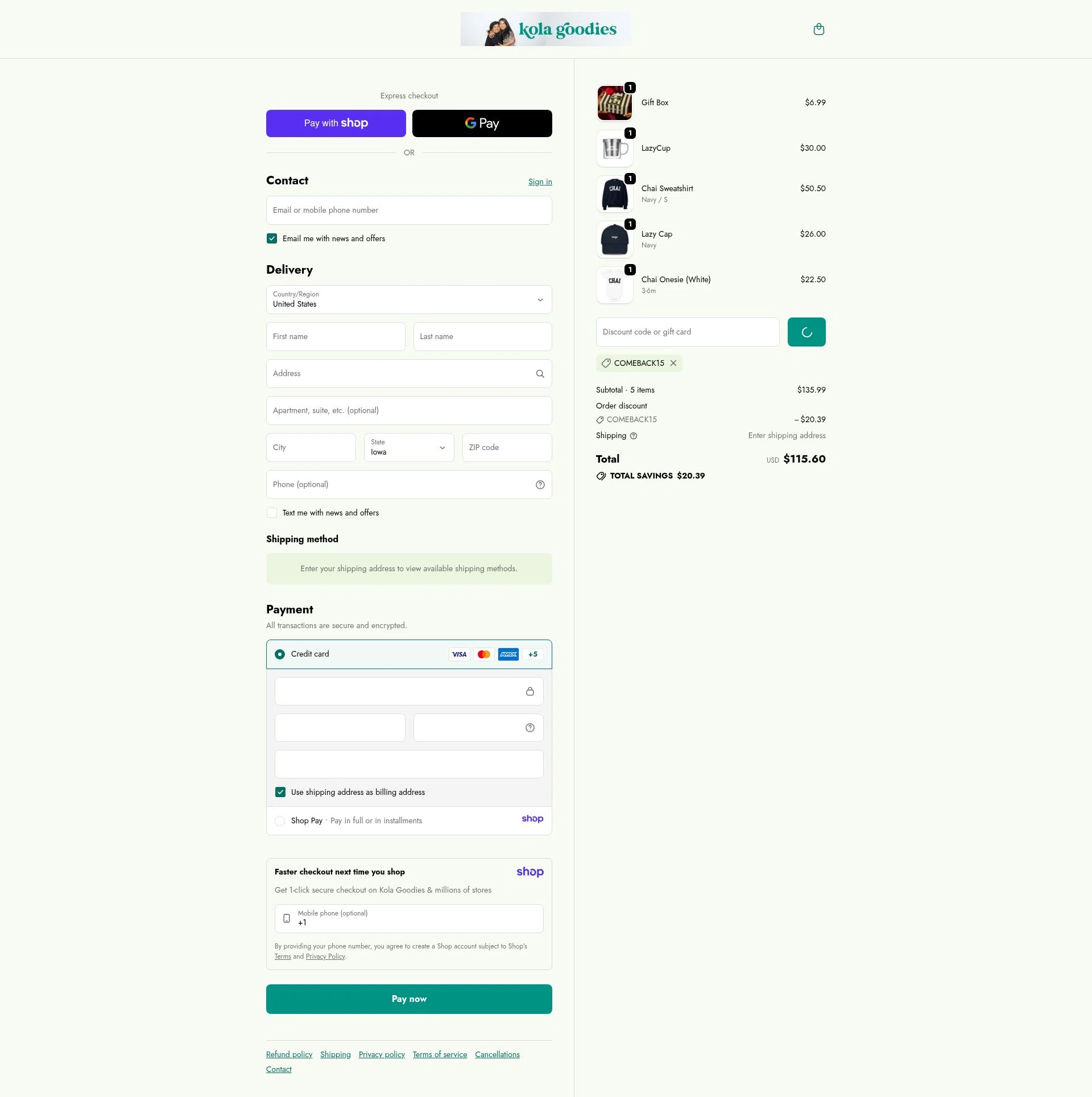Kola Goodies checkout page showing Kola Goodies promo code box | Screenshot taken by SimplyCodes community member on Jan 11, 2026