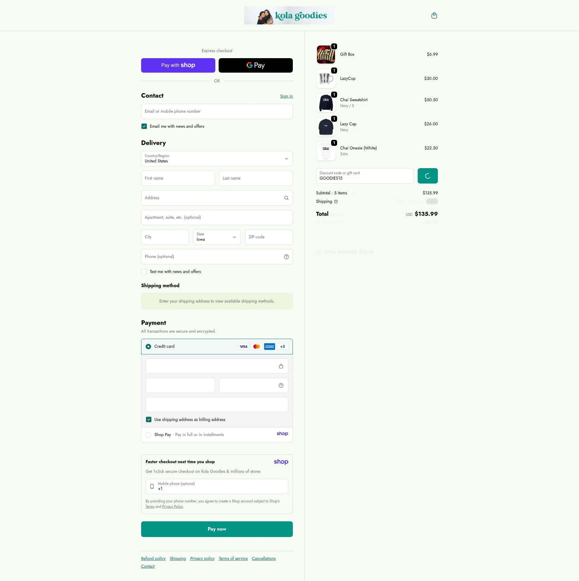 Kola Goodies checkout page showing Kola Goodies promo code box | Screenshot taken by SimplyCodes community member on Jan 11, 2026