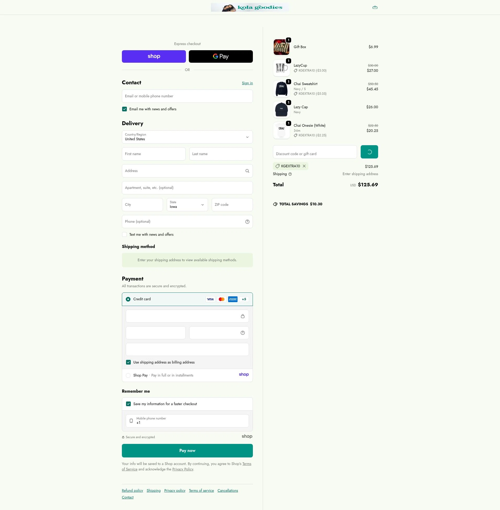 Kola Goodies checkout page showing Kola Goodies promo code box | Screenshot taken by SimplyCodes community member on Dec 31, 2025