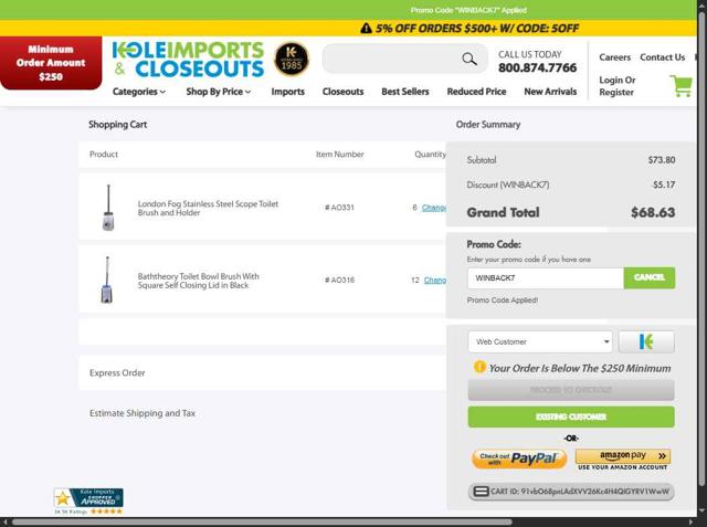 Kole Imports checkout page showing Kole Imports promo code box | Screenshot taken by SimplyCodes community member on Jul 16, 2025