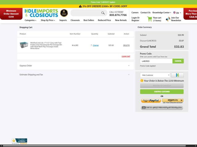Kole Imports checkout page showing Kole Imports promo code box | Screenshot taken by SimplyCodes community member on Aug 29, 2025