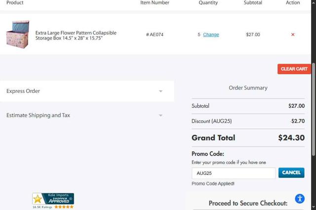 Kole Imports checkout page showing Kole Imports promo code box | Screenshot taken by SimplyCodes community member on Aug 30, 2025