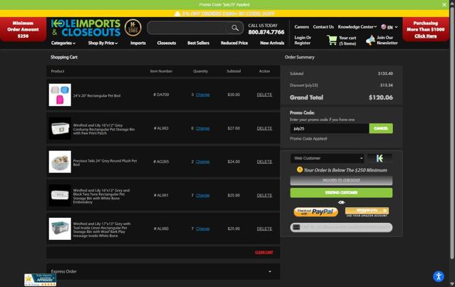 Kole Imports checkout page showing Kole Imports promo code box | Screenshot taken by SimplyCodes community member on Jul 30, 2025