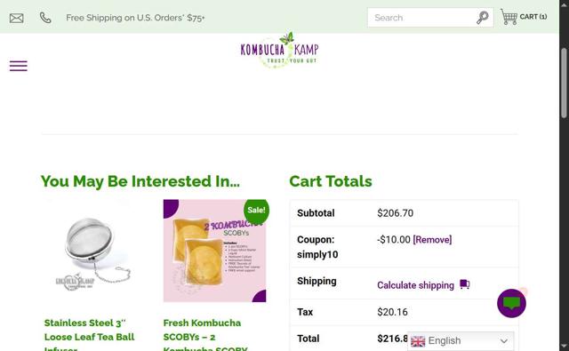 Kombucha Kamp checkout page showing Kombucha Kamp coupon code box | Screenshot taken by SimplyCodes community member on Aug 15, 2025