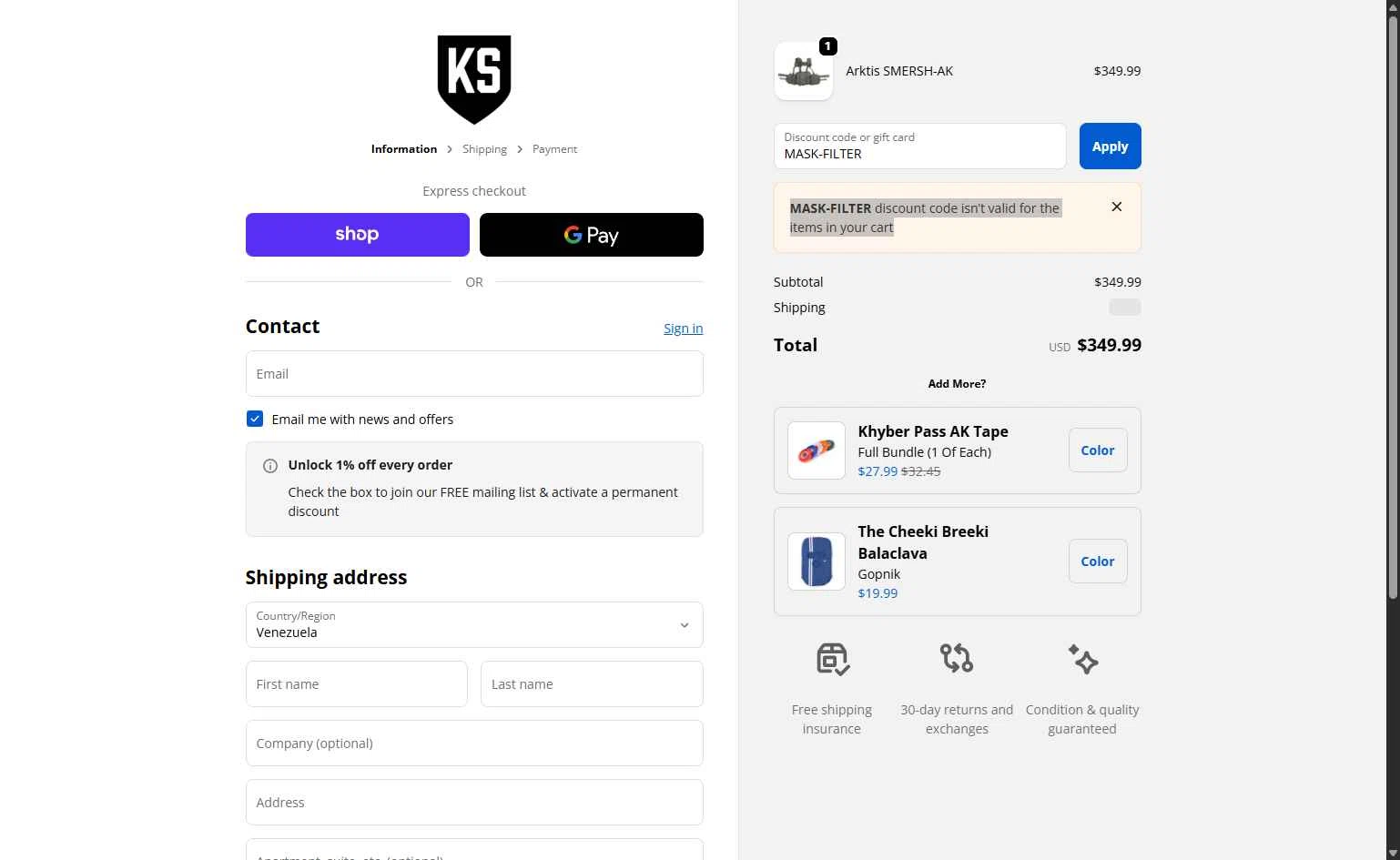 Kommando Store checkout page showing Kommando Store discount code box | Screenshot taken by SimplyCodes community member on Feb 9, 2026