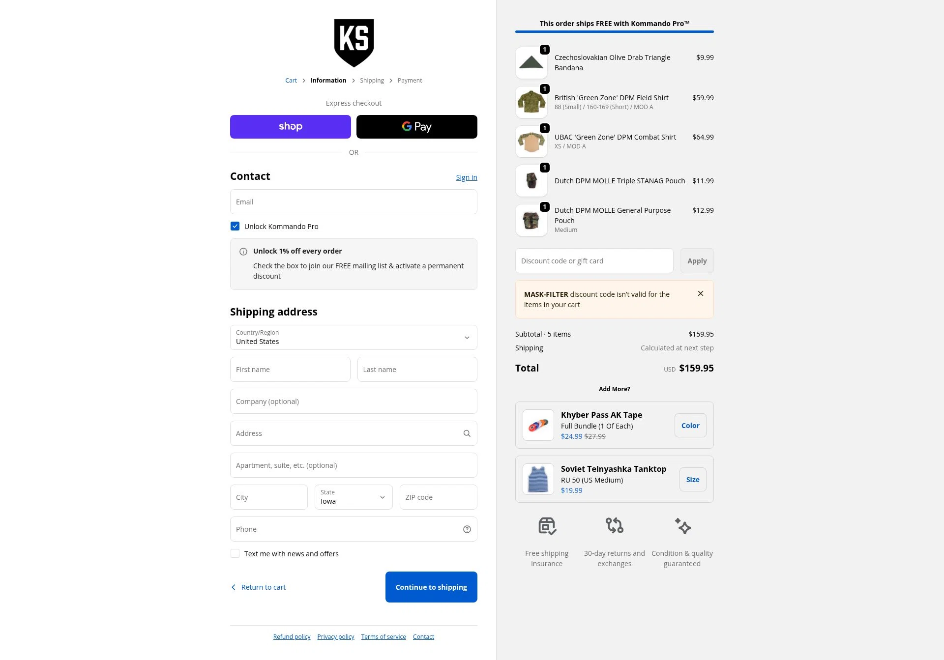 Kommando Store checkout page showing Kommando Store discount code box | Screenshot taken by SimplyCodes community member on Jan 31, 2026