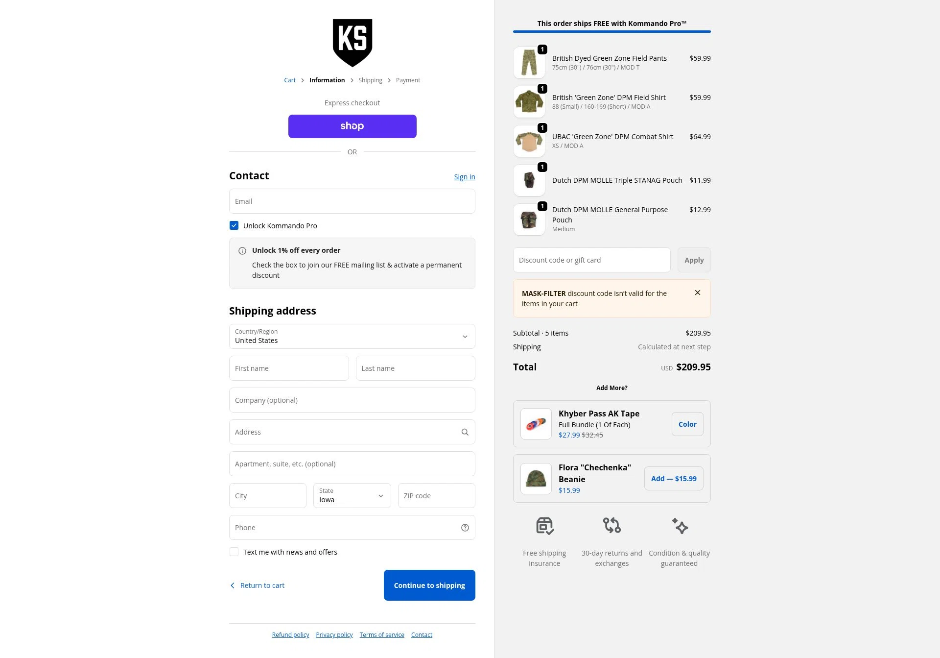 Kommando Store checkout page showing Kommando Store discount code box | Screenshot taken by SimplyCodes community member on Jan 18, 2026