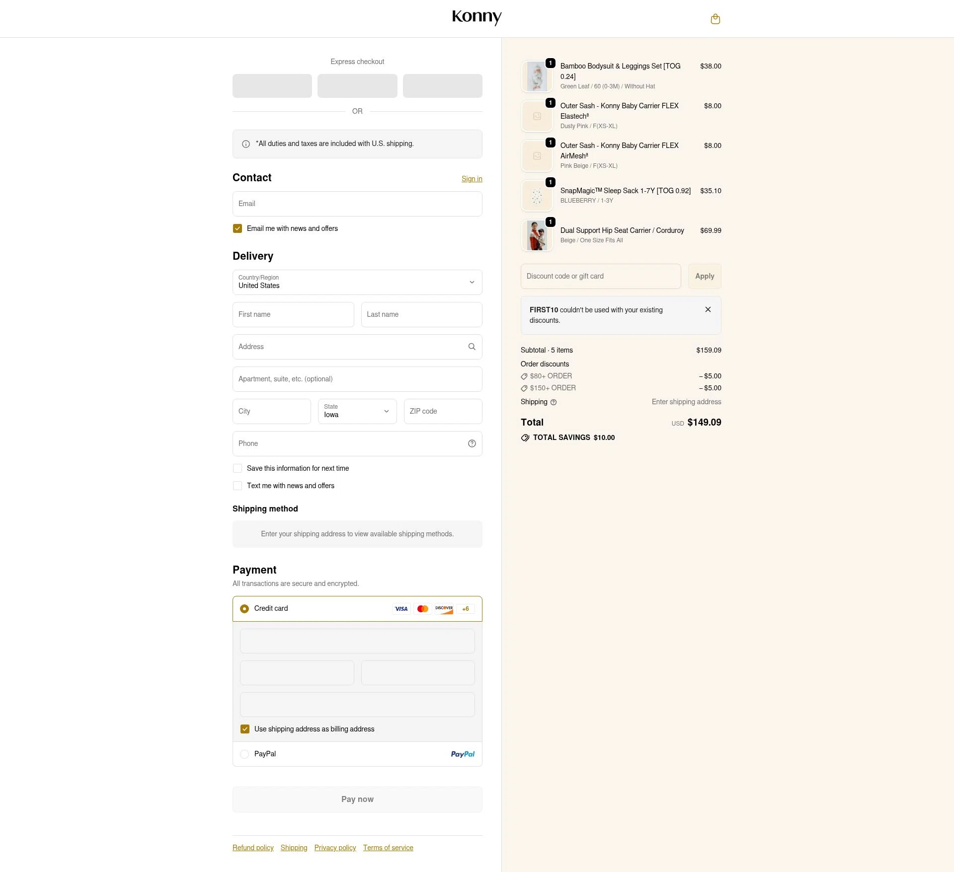 Konny Baby checkout page showing Konny Baby discount code box | Screenshot taken by SimplyCodes community member on Feb 7, 2026